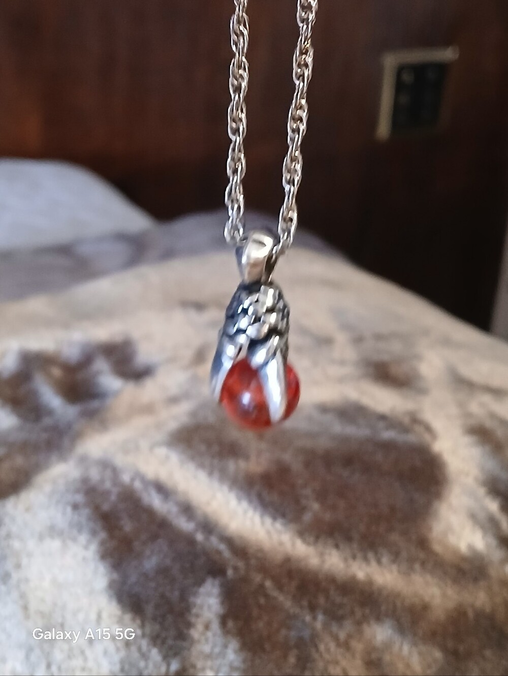 Sterling Silver Red Glass Pendant Necklace. Hawls Claw.